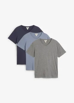 bonprix Shirts & Polos|Basics|T-Shirt mit V-Ausschnitt (3er Pack) nachtblau+rauchblau+grau meliert
