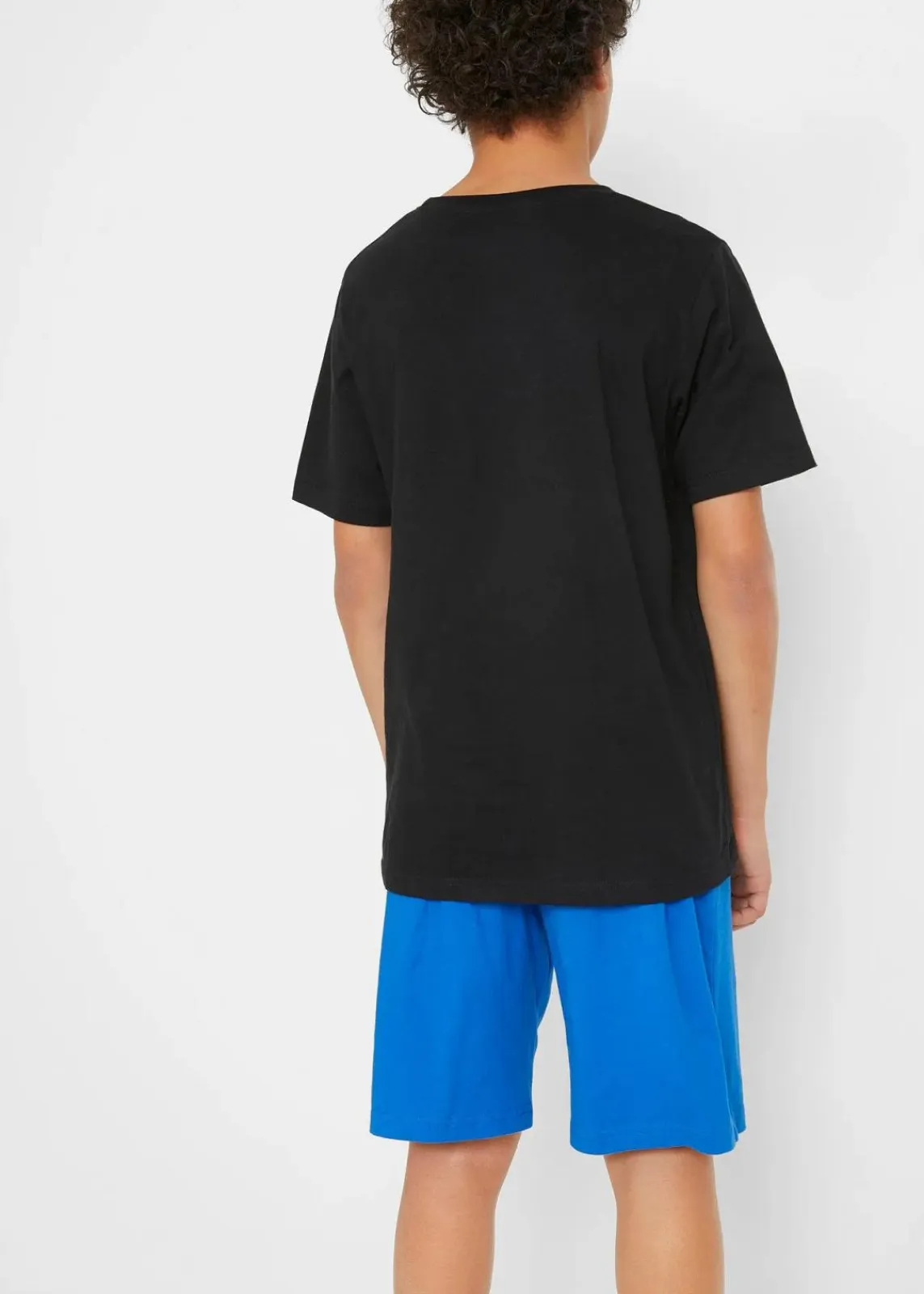 bonprix Jungen 9-16 Jahre·Bademode|Jungen 9-16 Jahre·Shirts|T-Shirt und Jersey-Bermuda (2-tlg.Set) aus reiner Bio-Baumwolle schwarz+azurblau bedruckt