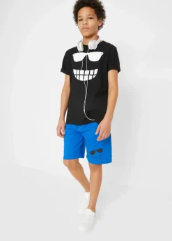 bonprix Jungen 9-16 Jahre·Bademode|Jungen 9-16 Jahre·Shirts|T-Shirt und Jersey-Bermuda (2-tlg.Set) aus reiner Bio-Baumwolle schwarz+azurblau bedruckt