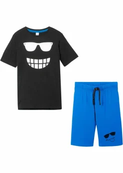 bonprix Jungen 9-16 Jahre·Bademode|Jungen 9-16 Jahre·Shirts|T-Shirt und Jersey-Bermuda (2-tlg.Set) aus reiner Bio-Baumwolle schwarz+azurblau bedruckt