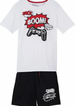 bonprix Jungen 9-16 Jahre·Shirts|Jungen 9-16 Jahre·Hosen|T-Shirt und Jersey-Bermuda (2-tlg. Set) aus reiner Bio Baumwolle weiß+schwarz bedruckt