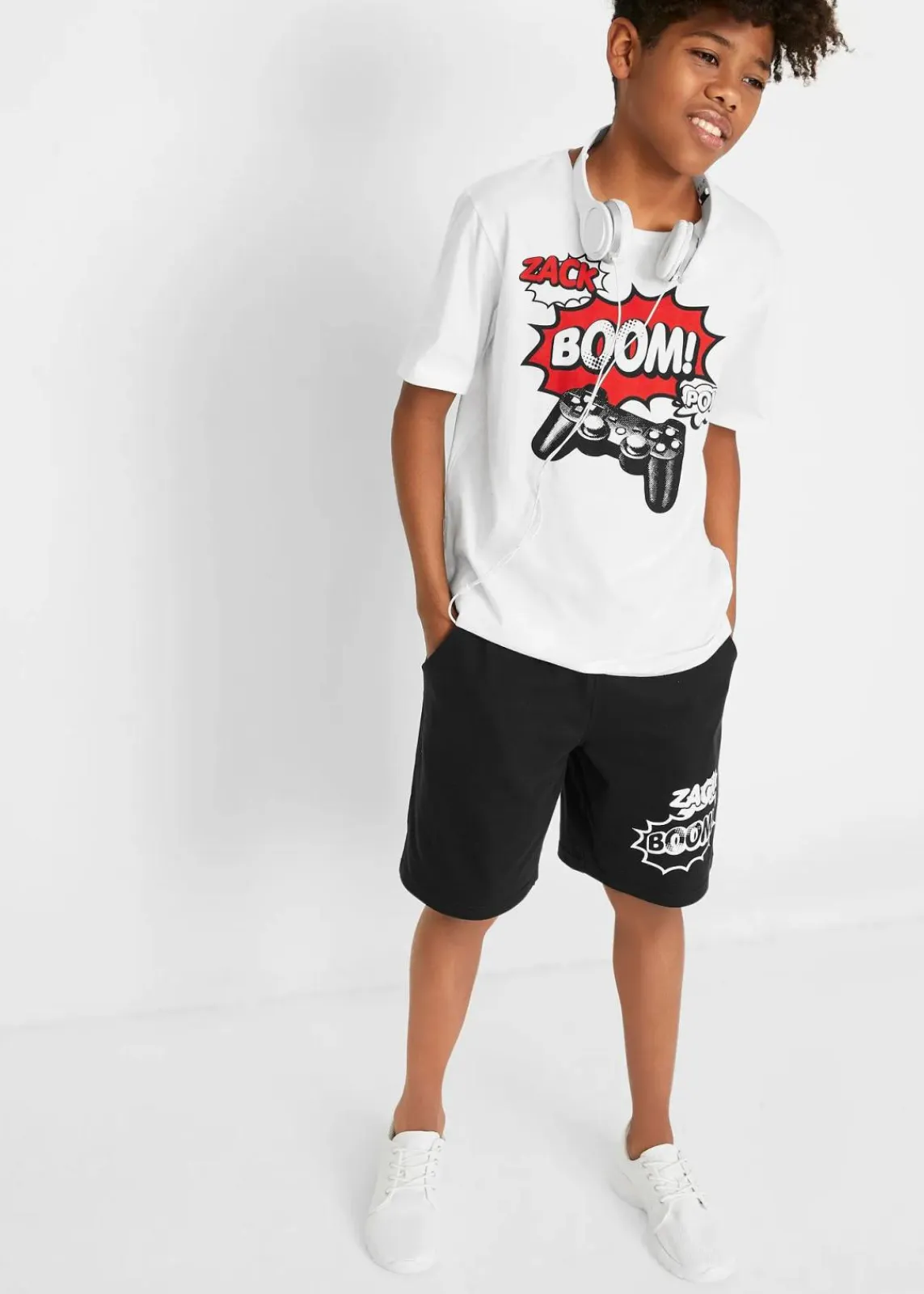 bonprix Jungen 9-16 Jahre·Shirts|Jungen 9-16 Jahre·Hosen|T-Shirt und Jersey-Bermuda (2-tlg. Set) aus reiner Bio Baumwolle weiß+schwarz bedruckt