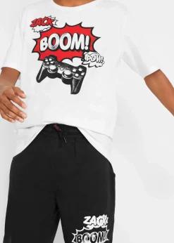 bonprix Jungen 9-16 Jahre·Shirts|Jungen 9-16 Jahre·Hosen|T-Shirt und Jersey-Bermuda (2-tlg. Set) aus reiner Bio Baumwolle weiß+schwarz bedruckt