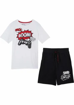 bonprix Jungen 9-16 Jahre·Shirts|Jungen 9-16 Jahre·Hosen|T-Shirt und Jersey-Bermuda (2-tlg. Set) aus reiner Bio Baumwolle weiß+schwarz bedruckt