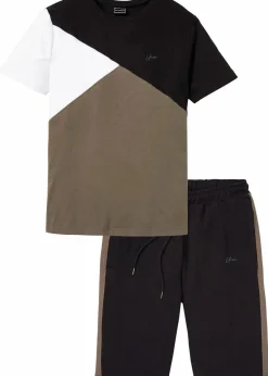 bonprix Große Größen|Sportbekleidung|T-Shirt und Sweat-Bermuda aus reiner Baumwolle (2-tlg.Set) dunkeloliv/weiß/schwarz