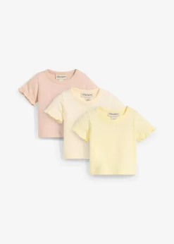 bonprix Mädchen 2-8 Jahre·Nachhaltigere Materialien|Mädchen 9-16 Jahre·Nachhaltigere Materialien|T-Shirts aus Bio-Baumwolle mit Volants (3er Pack) zartgelb+vanillegelb+mattbeige bedruckt