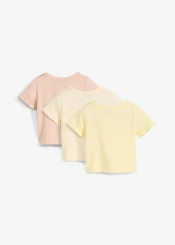 bonprix Mädchen 2-8 Jahre·Nachhaltigere Materialien|Mädchen 9-16 Jahre·Nachhaltigere Materialien|T-Shirts aus Bio-Baumwolle mit Volants (3er Pack) zartgelb+vanillegelb+mattbeige bedruckt