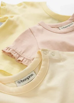 bonprix Mädchen 2-8 Jahre·Nachhaltigere Materialien|Mädchen 9-16 Jahre·Nachhaltigere Materialien|T-Shirts aus Bio-Baumwolle mit Volants (3er Pack) zartgelb+vanillegelb+mattbeige bedruckt