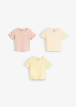 bonprix Mädchen 2-8 Jahre·Nachhaltigere Materialien|Mädchen 9-16 Jahre·Nachhaltigere Materialien|T-Shirts aus Bio-Baumwolle mit Volants (3er Pack) zartgelb+vanillegelb+mattbeige bedruckt
