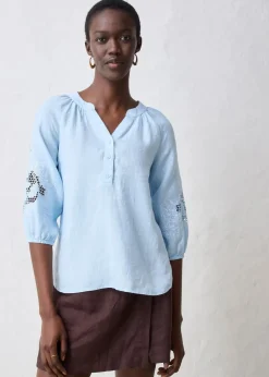 bonprix Premium|Blusen & Tuniken|Tunika aus reinem Leinen, mit Lochstickerei eisblau