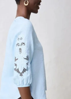 bonprix Premium|Blusen & Tuniken|Tunika aus reinem Leinen, mit Lochstickerei eisblau