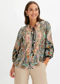 bonprix Bekleidung·Jacken & Mäntel|Blusen & Tuniken|Tunikabluse aus fließendem Satin schwarz bedruckt