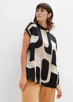 bonprix Bekleidung·Jacken & Mäntel|Blusen & Tuniken|Tunikabluse aus Satin schwarz/kieselbeige/khakibeige bedruckt