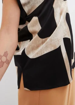 bonprix Bekleidung·Jacken & Mäntel|Blusen & Tuniken|Tunikabluse aus Satin schwarz/kieselbeige/khakibeige bedruckt