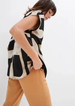 bonprix Bekleidung·Jacken & Mäntel|Blusen & Tuniken|Tunikabluse aus Satin schwarz/kieselbeige/khakibeige bedruckt