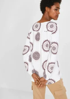 bonprix Bekleidung·Jacken & Mäntel|Blusen & Tuniken|Tunikabluse aus softer Viskose weiß/ahornrot bedruckt