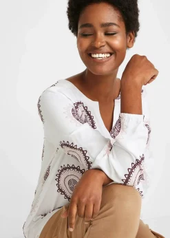 bonprix Bekleidung·Jacken & Mäntel|Blusen & Tuniken|Tunikabluse aus softer Viskose weiß/ahornrot bedruckt