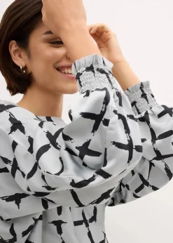 bonprix Bekleidung·Jacken & Mäntel|Blusen & Tuniken|Tunikabluse mit Fledermausärmeln silbergrau/schwarz bedruckt