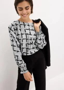 bonprix Bekleidung·Jacken & Mäntel|Blusen & Tuniken|Tunikabluse mit Fledermausärmeln silbergrau/schwarz bedruckt