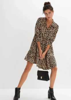 bonprix Bekleidung·Pullover & Strickjacken|Nachhaltigere Materialien|Tunika-Kleid kreidebeige/braun leo bedruckt