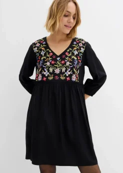 bonprix Kleider|Bekleidung·Pullover & Strickjacken|Tunika-Kleid aus fließender Viskose schwarz bedruckt