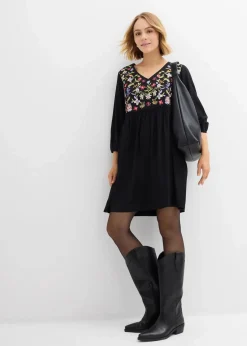 bonprix Kleider|Bekleidung·Pullover & Strickjacken|Tunika-Kleid aus fließender Viskose schwarz bedruckt