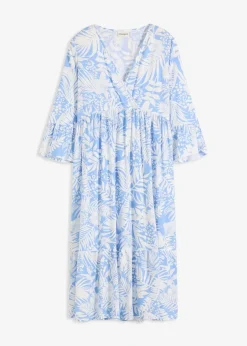 bonprix Bekleidung·Pullover & Strickjacken|Kleider|Tunika-Kleid aus fließender Viskose mittelblau/weiß floral