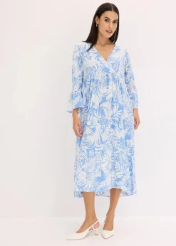 bonprix Bekleidung·Pullover & Strickjacken|Kleider|Tunika-Kleid aus fließender Viskose mittelblau/weiß floral