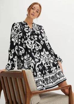 bonprix Bekleidung·Pullover & Strickjacken|Kleider|Tunika-Kleid aus fließender Viskose schwarz/weiß graphisch bedruckt
