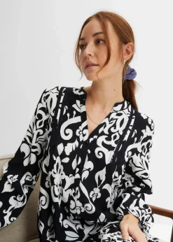 bonprix Bekleidung·Pullover & Strickjacken|Kleider|Tunika-Kleid aus fließender Viskose schwarz/weiß graphisch bedruckt