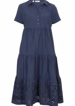 bonprix Kleider|Bekleidung·Pullover & Strickjacken|Tunika-Kleid aus reiner Baumwolle mit Lochstickerei dunkelblau