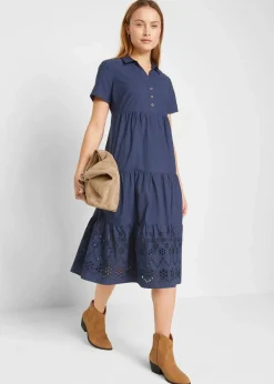 bonprix Kleider|Bekleidung·Pullover & Strickjacken|Tunika-Kleid aus reiner Baumwolle mit Lochstickerei dunkelblau