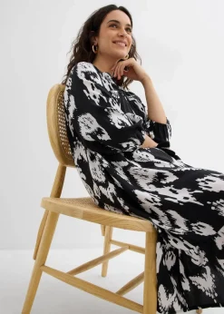 bonprix Bekleidung·Pullover & Strickjacken|Zweiteiler & Sets|Tunika-Kleid aus reiner Viskose schwarz/wollweiß bedruckt