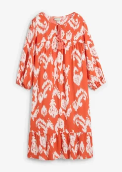 bonprix Kleider|Zweiteiler & Sets|Tunika-Kleid aus reiner Viskose zimtrot /wollweiß bedruckt