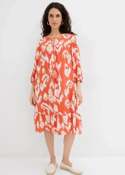 bonprix Kleider|Zweiteiler & Sets|Tunika-Kleid aus reiner Viskose zimtrot /wollweiß bedruckt