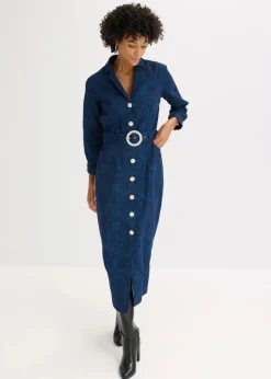 bonprix Bekleidung·Pullover & Strickjacken|Kleider|Twillkleid mit Gürtel (2-tlg.-Set) dunkelblau/hellindigo paisley