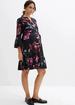 bonprix Bekleidung·Blazer|Umstandsmode|Umstands- und Stillblusenkleid aus reinem Bio-Baumwoll-Satin schwarz/altrosa geblümt