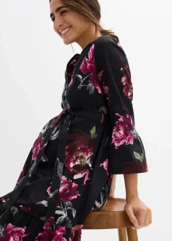 bonprix Bekleidung·Blazer|Umstandsmode|Umstands- und Stillblusenkleid aus reinem Bio-Baumwoll-Satin schwarz/altrosa geblümt