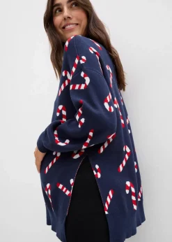 bonprix Bekleidung·Blazer|Umstandspullover mit Stillschlitzen dunkelblau/salsarot/weiß