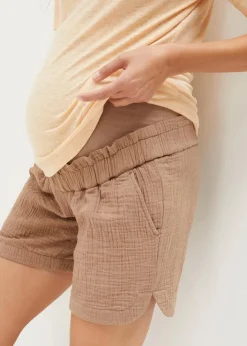 bonprix Umstandsmode|Bekleidung·Blazer|Umstandsshorts aus reinem Baumwoll-Musselin graubraun