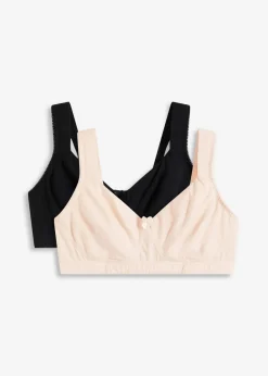 bonprix Große Cups D-H|Nachhaltigere Materialien|Ungepolsterter T-Shirt BH ohne Bügel mit Bio-Baumwolle (2er Pack) sandbeige + schwarz