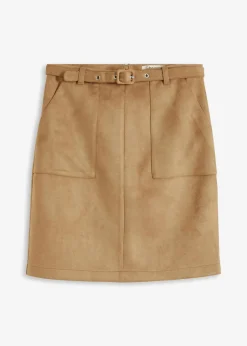 bonprix Röcke|Bekleidung·Sportbekleidung|Velourlederimitat-Rock mit Gürtel khakibraun