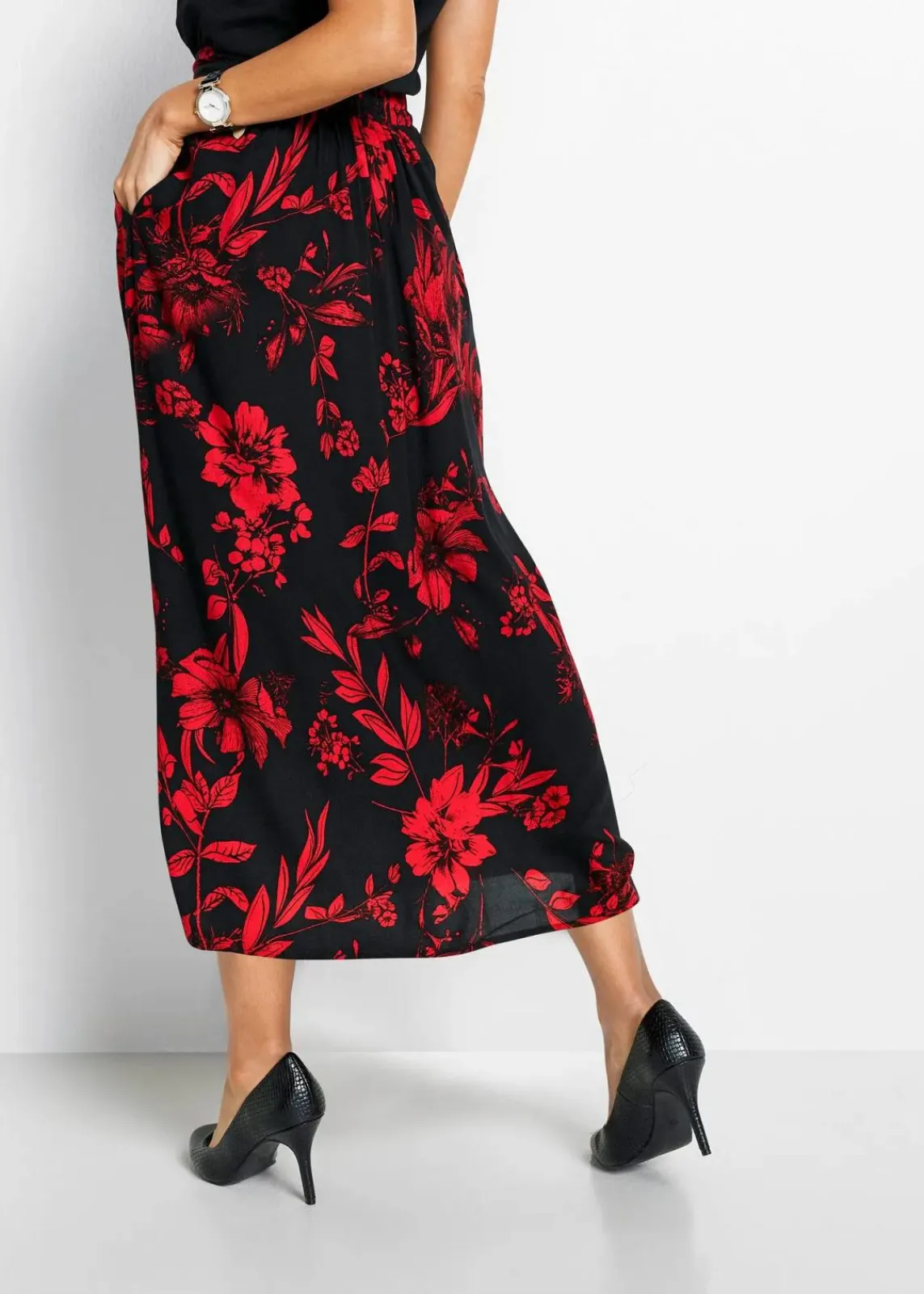 bonprix Röcke|Bekleidung·Sportbekleidung|Viskose Maxirock schwarz/rot floral