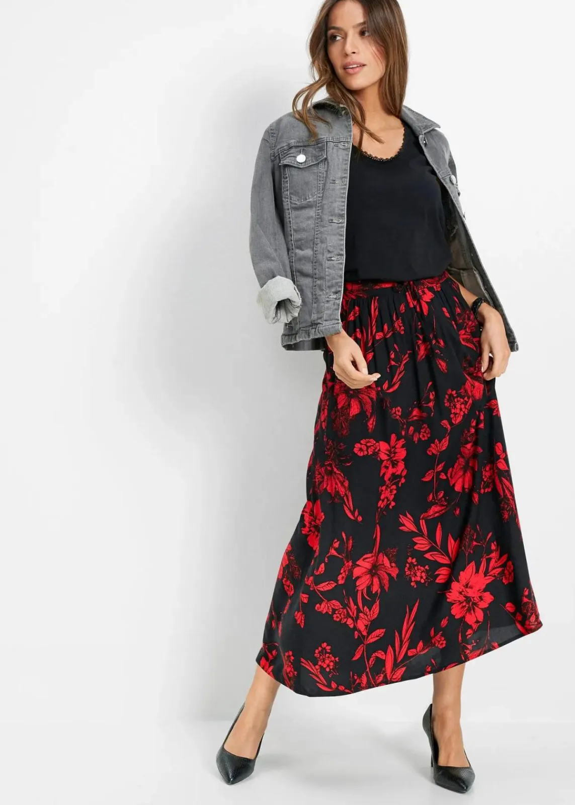 bonprix Röcke|Bekleidung·Sportbekleidung|Viskose Maxirock schwarz/rot floral