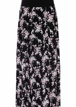 bonprix Kurzgrößen|Bekleidung·Sportbekleidung|Viskose Maxirock schwarz/rosa geblümt
