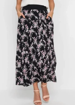 bonprix Kurzgrößen|Bekleidung·Sportbekleidung|Viskose Maxirock schwarz/rosa geblümt