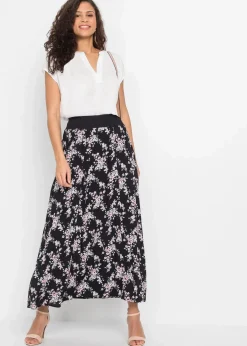 bonprix Kurzgrößen|Bekleidung·Sportbekleidung|Viskose Maxirock schwarz/rosa geblümt