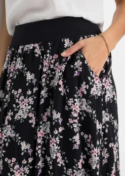 bonprix Kurzgrößen|Bekleidung·Sportbekleidung|Viskose Maxirock schwarz/rosa geblümt
