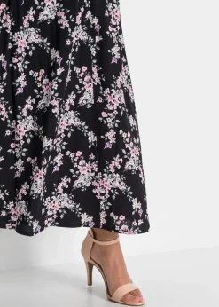 bonprix Kurzgrößen|Bekleidung·Sportbekleidung|Viskose Maxirock schwarz/rosa geblümt
