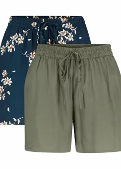 bonprix Bekleidung·Outdoorbekleidung|Bekleidung·Kleider|Viskose-Shorts mit Bindegürtel (2er Pack) dunkelblau geblümt+dunkeloliv uni